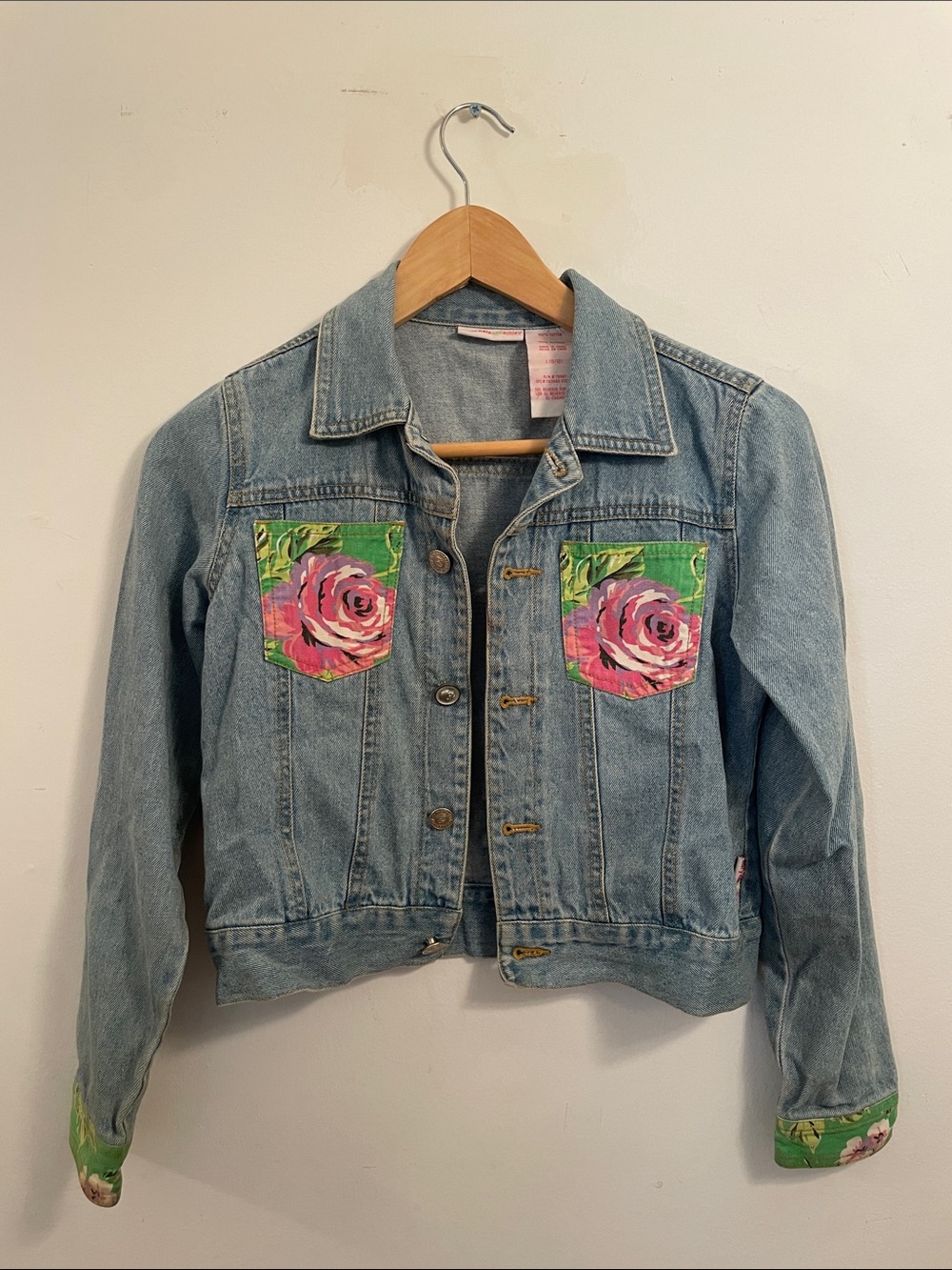 Light Blue Denim Jacket with Pink Rose Pocket Accents